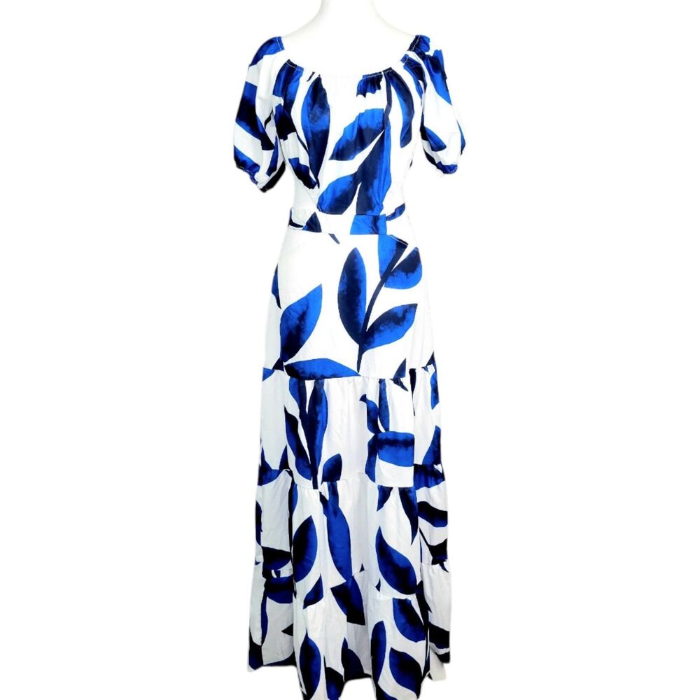 Blue and White Off the Shoulder Puff Sleeve Maxi Sundress